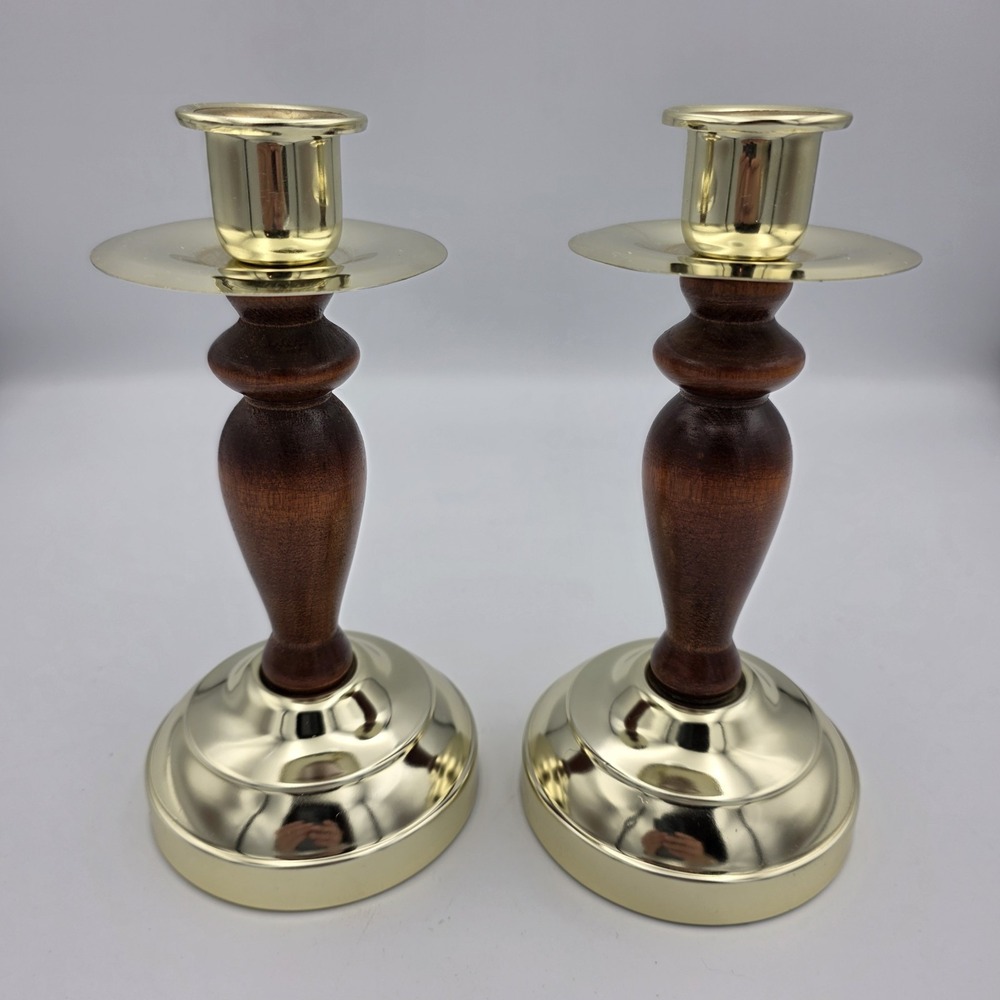 Vtg Home Interior HOMCO Brass & Wood Candle Holders Candlestick Votive Holders